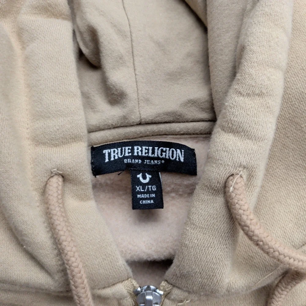 True Religion Buddha Logo Full Zip Up Hoodie Mens XL Tan Khaki Sweatshirt